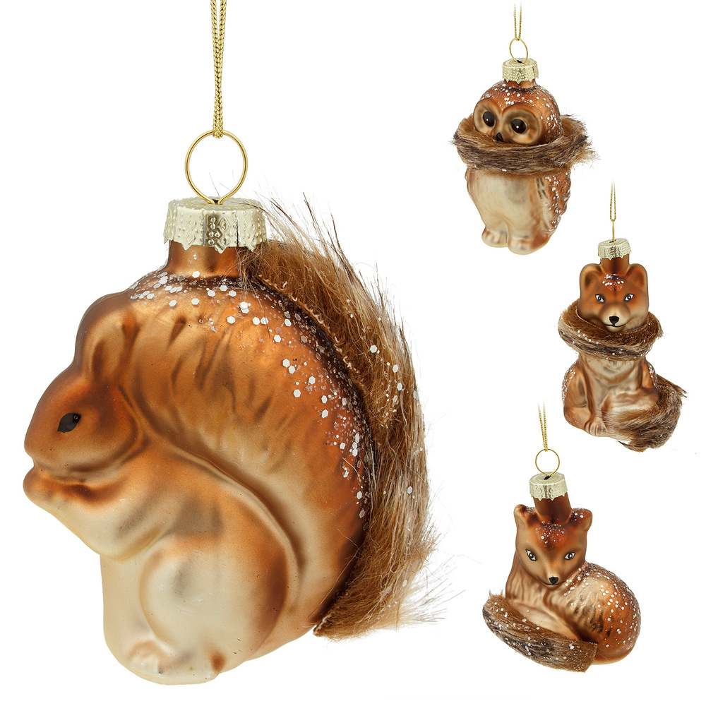 Glass christmas squirrel, fox, Owl, 4pcs